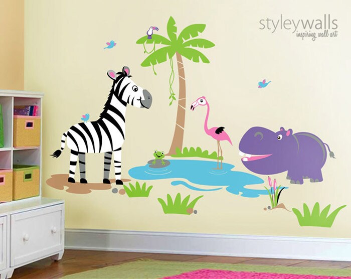 Ensemble d'autocollants muraux d'animaux de safari, hippopotame, flamant rose, zèbre, grenouille, autocollant pour chambre d'enfant, salle de jeux, autocollant mural pour animaux de la jungle