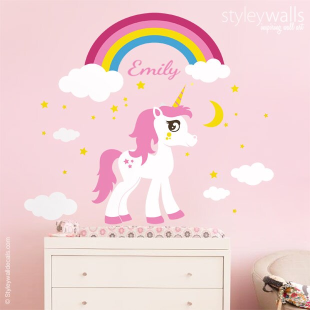 Unicorn Wall Decal, Rainbow Wall Decal, Personalized Wall Decal, Horse Pony Stars Wall Decal Sticker, Girls Room Nursery Decor