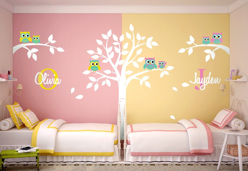 Owls Wall Decal, Owls Tree Wall Decal, Twins Nursery Wall Decal, Tree with Owls Wall Sticker, Personalized Name and Initial Wall Decal