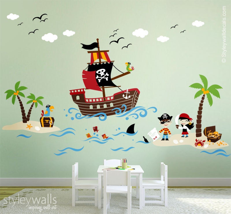 Pirates Wall Decal, Treasure Island Wall Decal, Playroom Wall Decals, Pirates Wall Sticker, Nursery Baby Room Decor, Pirate Ship Wall Decal