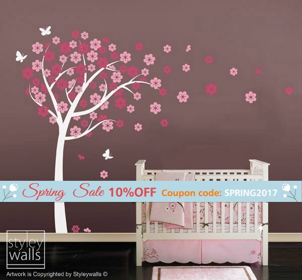 Cherry Blossom Tree-Tree Wall Decal Sticker -Nursery Vinyl Wall Decal- Flowers Cherry Tree with Butterflies - Wall Decor Blossom Wall Decal
