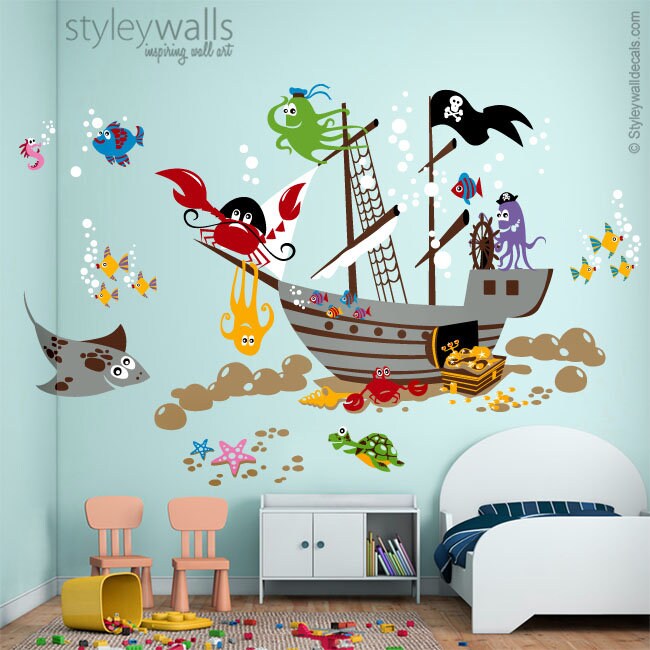 Underwater Wall Decal, Ocean Wall Decal, Pirate Ship Wall Decal, Pirate Fishes Wall Decal, Playroom Wall Decals, Nursery Baby Room Decor