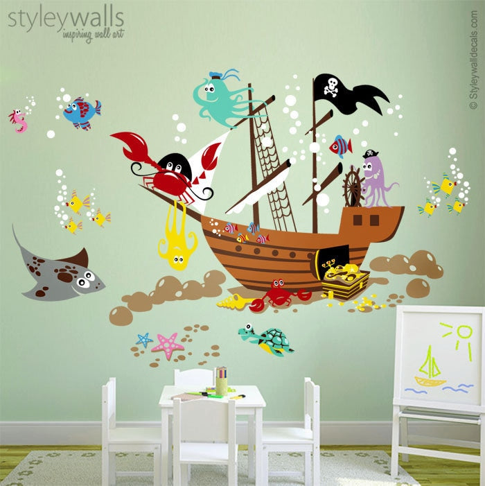 Underwater Wall Decal, Ocean Wall Decal, Pirate Ship Wall Decal, Pirate Fishes Wall Decal, Playroom Wall Decals, Nursery Baby Room Decor