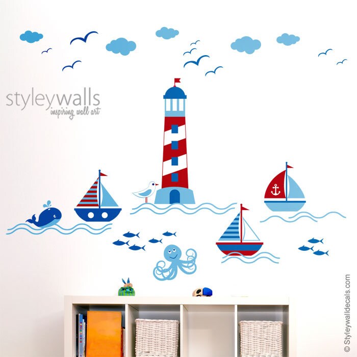 Nautical Wall Decal, Sailboat Wall Decal, Sailor Boat Wall Sticker, Nautical Nursery Wall Decal, Sailboat Room Decor, Light Tower Wall Decal