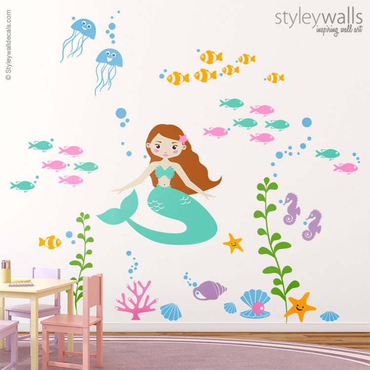 Mermaid Wall Decal, Mermaid Nursery Stickers, Underwater Wall Decal, Ocean Wall Decal, Fishes Wall Decal, Nursery Playroom Wall Decals