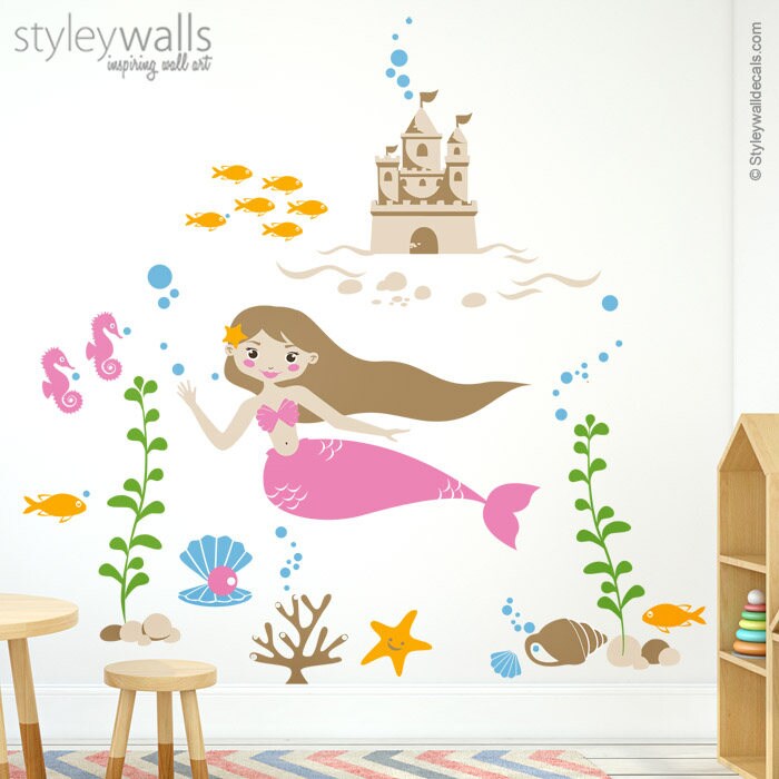 Mermaid Wall Decal, Mermaid Nursery Sticker, Sea Castle Wall Decal, Underwater Wall Decal, Ocean Wall Decal, Fishes Wall Decal Nursery Decor