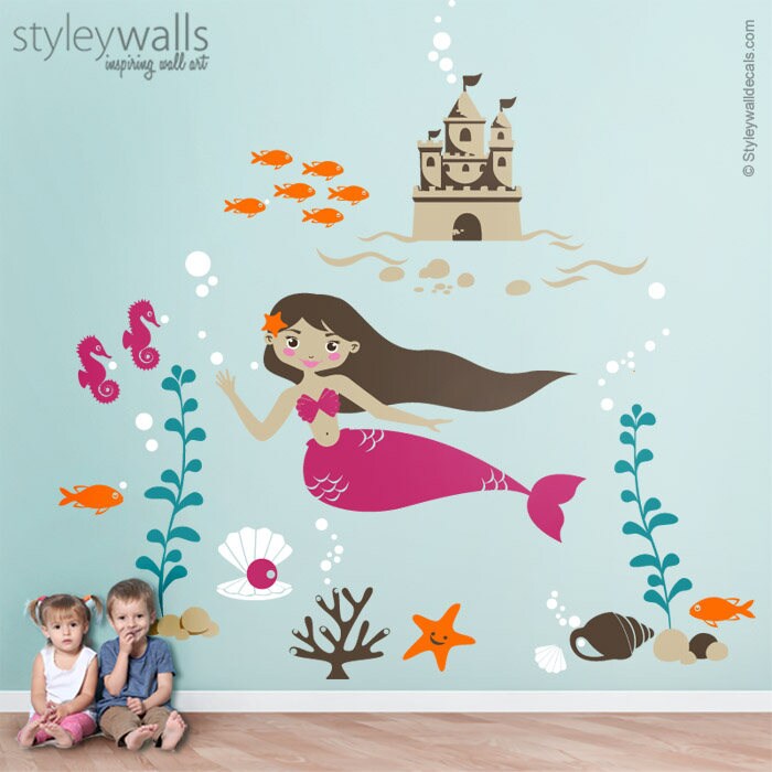 Mermaid Wall Decal, Mermaid Nursery Sticker, Sea Castle Wall Decal, Underwater Wall Decal, Ocean Wall Decal, Fishes Wall Decal Nursery Decor