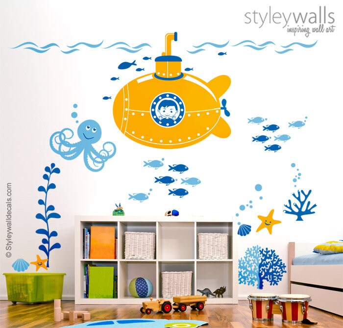 Submarine Wall Decal, Submarine Nursery Stickers, Underwater Wall Decal, Ocean Wall Decal, Fishes Wall Decal, Nursery Playroom Wall Decals