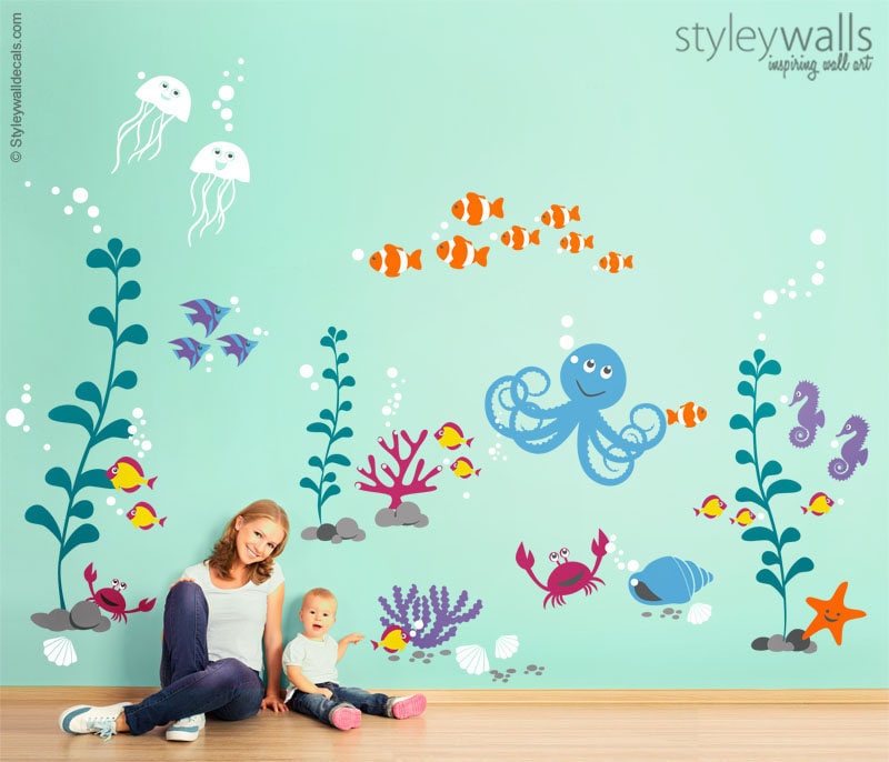 Sea Life Animals Wall Decal, Ocean Wall Decal Sticker, Underwater Wall Decal, Aquarium Fishes Nursery Playroom Wall Decal
