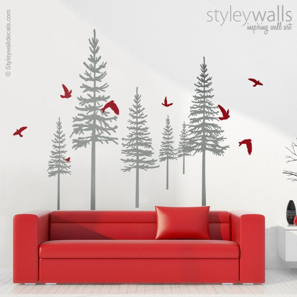 Pine Trees Winter Trees Wall Decal, Pine Trees and Birds Wall Decal for Living Room Home Decor, Fir Trees Wall Decal