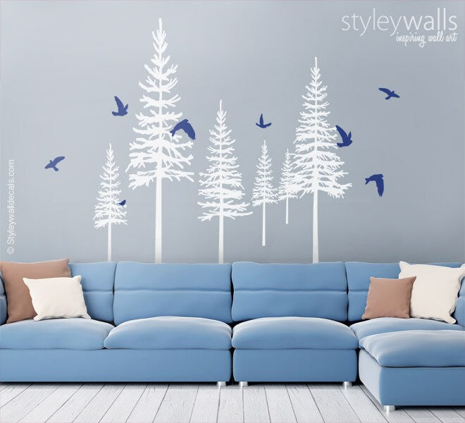 Pine Trees Winter Trees Wall Decal, Pine Trees and Birds Wall Decal for Living Room Home Decor, Fir Trees Wall Decal