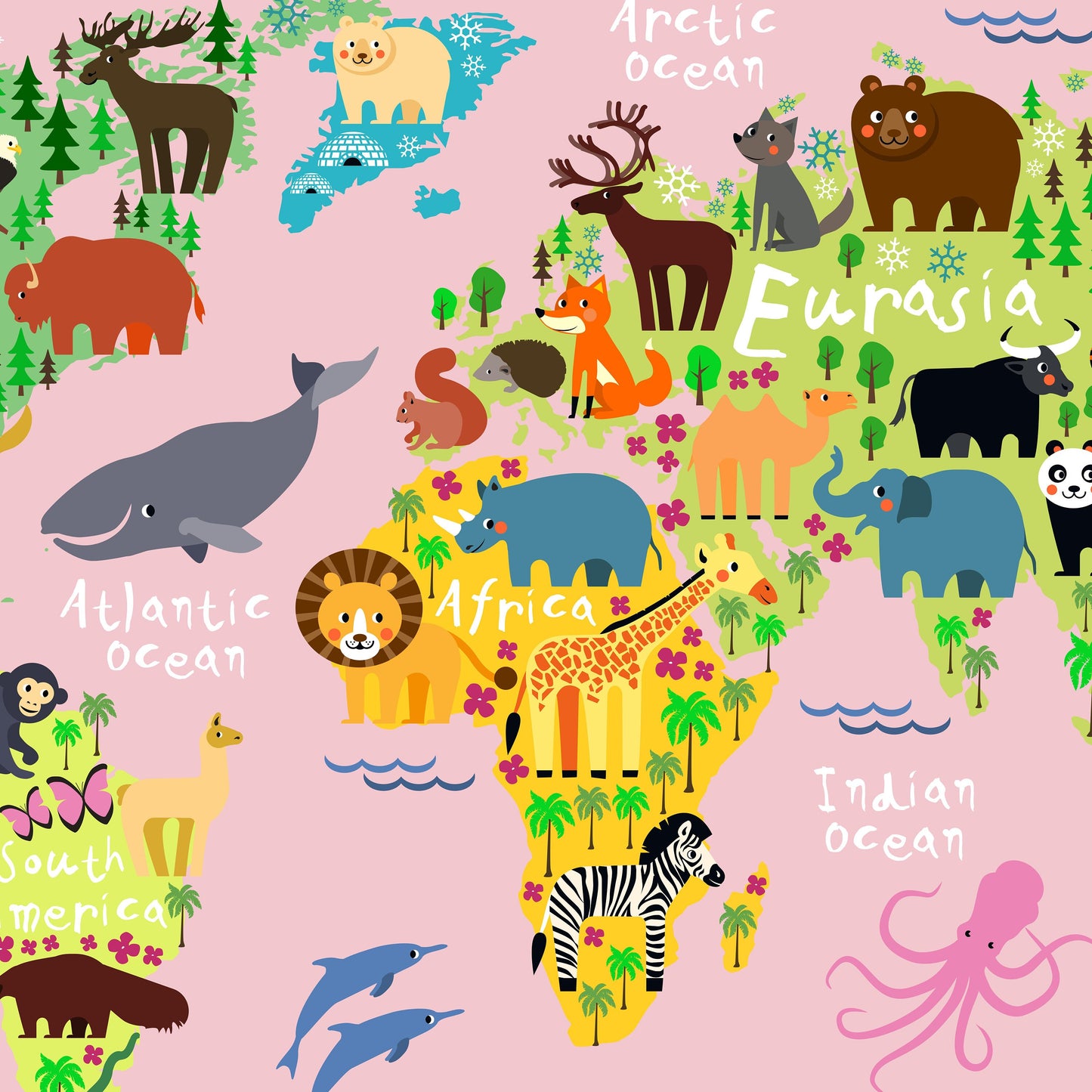 World Map Wall Decal, World Map Wall Sticker, Jungle Animals Themed World Map for Girls Room, Playroom Decor Wall Sticker, Peel and Stick