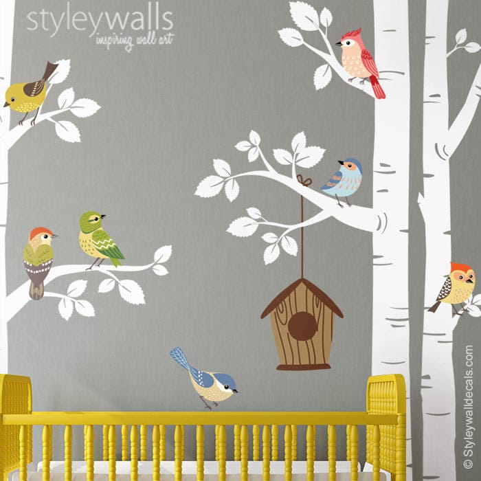 Birch Trees and Birds Wall Decal, Forest Trees Birds Wall Decal, Trees Wall Sticker, Birds Nursery Wall Decal, Trees Baby Room Wall Decor