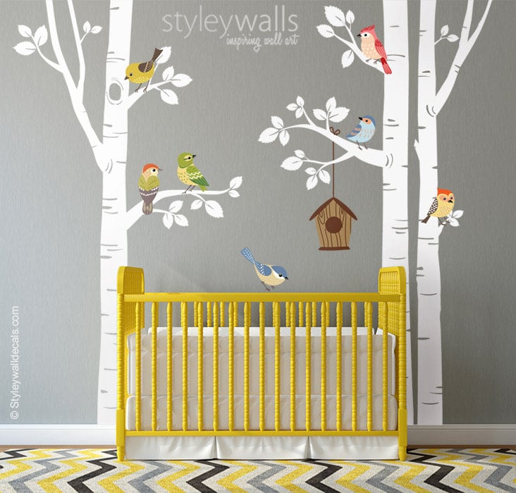 Birch Trees and Birds Wall Decal, Forest Trees Birds Wall Decal, Trees Wall Sticker, Birds Nursery Wall Decal, Trees Baby Room Wall Decor
