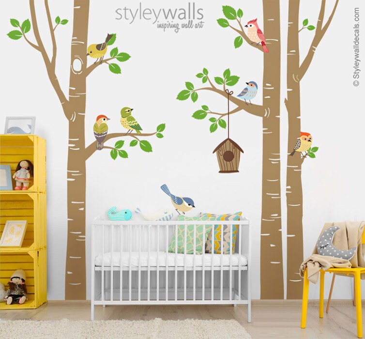 Birch Trees and Birds Wall Decal, Forest Trees Birds Wall Decal, Trees Wall Sticker, Birds Nursery Wall Decal, Trees Baby Room Wall Decor