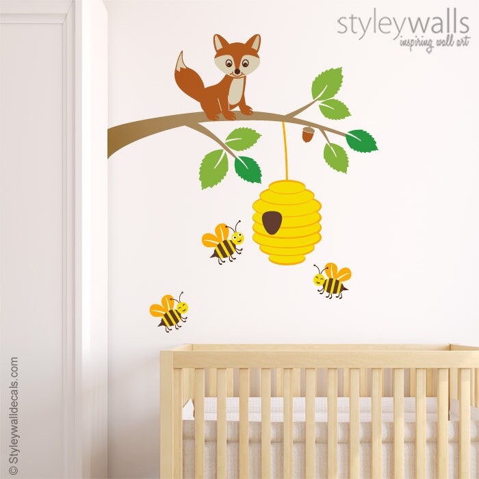 Fox Wall Decal, Fox Wall Sticker, Bees Wall Decal, Fox and Branch Wall Decal, Forest Animals Wall Decal, Kids Baby Room Nursery Decal Decor