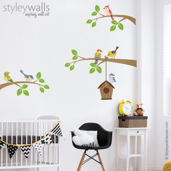 Birds Wall Decal, Branch Wall Decal, Branch and Birds Wall Sticker, Bird House Wall Decal, Birds Nursery Decor, Baby Room Kids Wall Decals