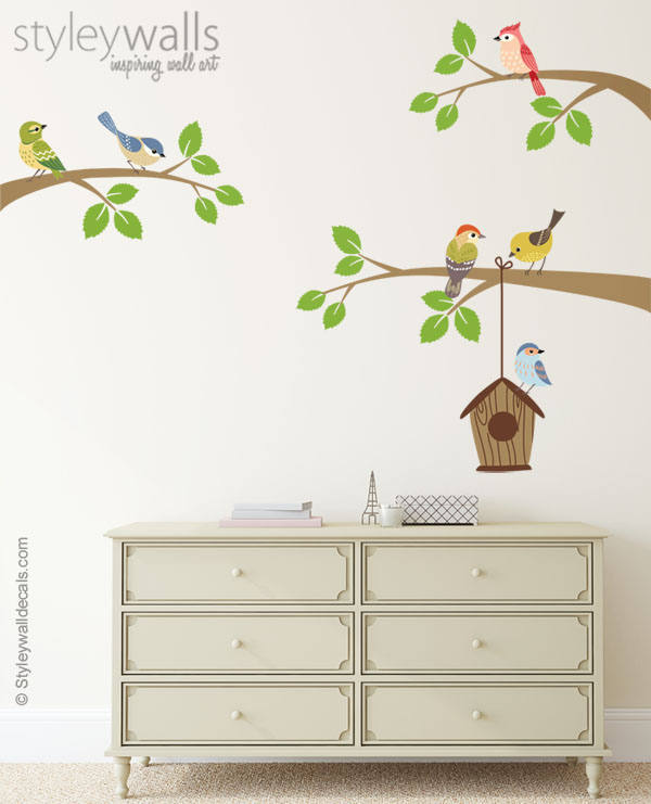 Birds Wall Decal, Branch Wall Decal, Branch and Birds Wall Sticker, Bird House Wall Decal, Birds Nursery Decor, Baby Room Kids Wall Decals