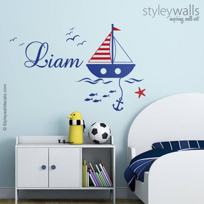 Nautical Wall Decal, Sailor Wall Decal, Sailboat Wall Decal Room Decor, Sailor Boat Personalized Name Decal, Nautical Nursery Wall Decal