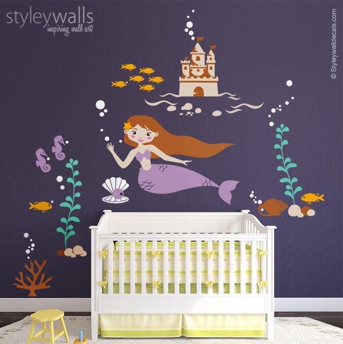 Mermaid Wall Decal, Mermaid Nursery Sticker, Sea Castle Wall Decal, Underwater Wall Decal, Ocean Wall Decal, Fishes Wall Decal Nursery Decor