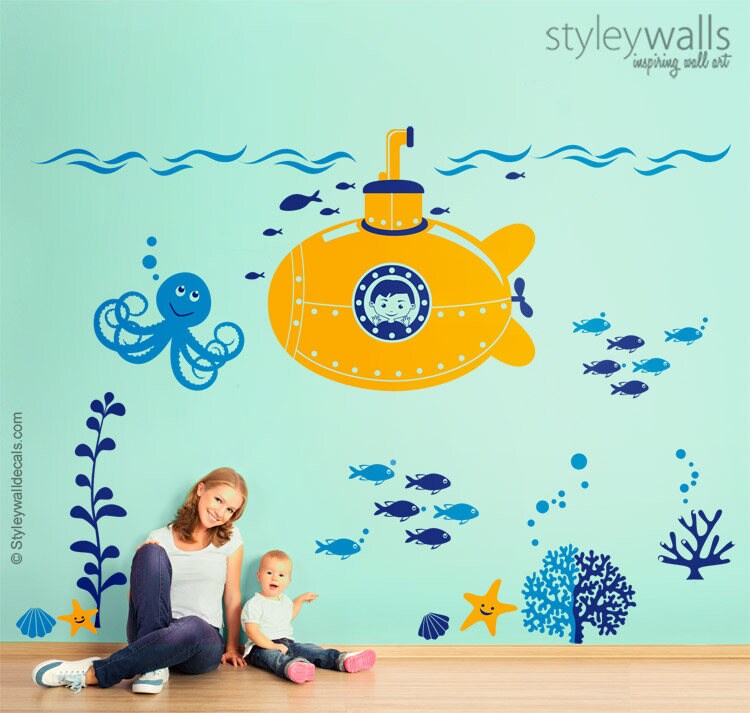 Submarine Wall Decal, Submarine Nursery Stickers, Underwater Wall Decal, Ocean Wall Decal, Fishes Wall Decal, Nursery Playroom Wall Decals