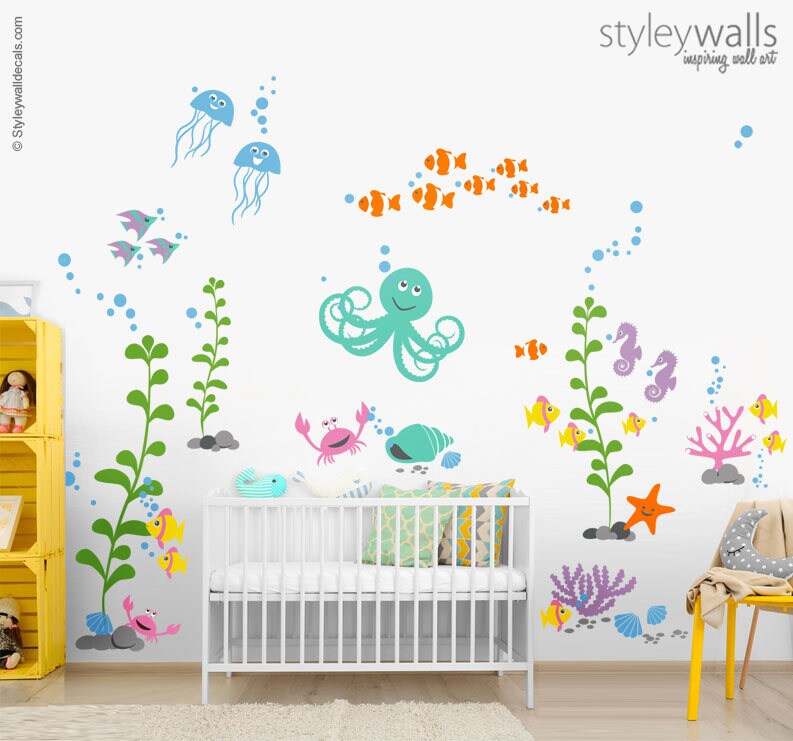 Ocean Wall Decal, Under the Sea Wall Decal, Underwater Wall Decal, Sea life Creatures Wall Decal, Aquarium Fishes Nursery Wall Decal