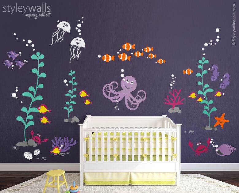 Sea Life Animals Wall Decal, Ocean Wall Decal Sticker, Underwater Wall Decal, Aquarium Fishes Nursery Playroom Wall Decal