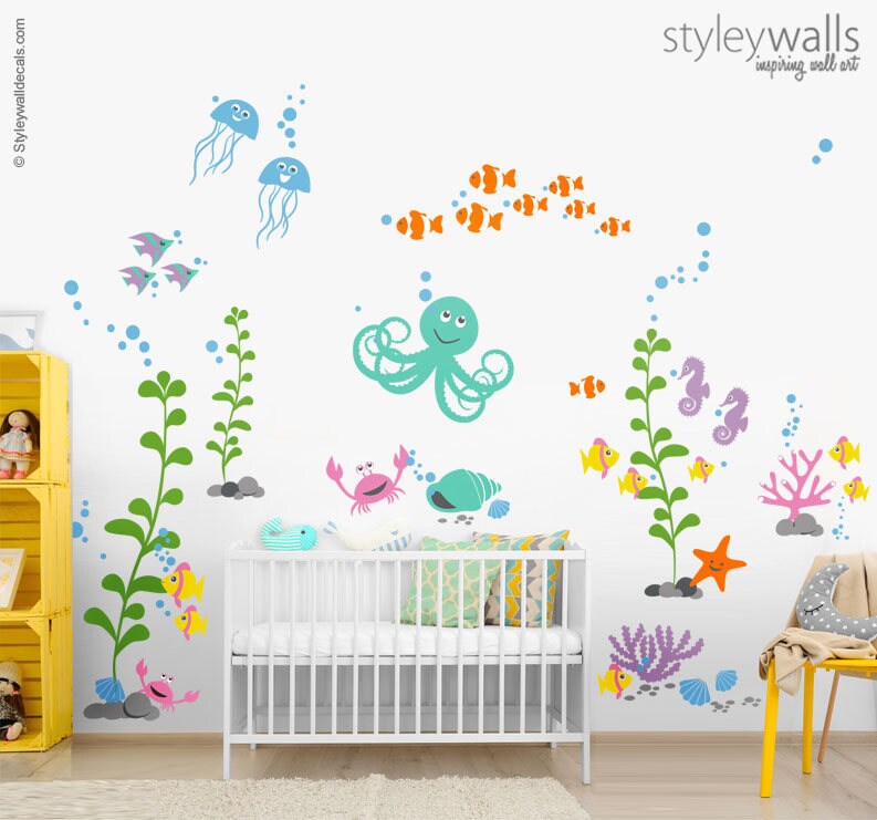 Sea Life Animals Wall Decal, Ocean Wall Decal Sticker, Underwater Wall Decal, Aquarium Fishes Nursery Playroom Wall Decal