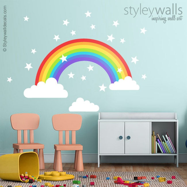 Rainbow Wall Decal, Rainbow Wall Sticker, Clouds Wall Decal, Stars Wall Decal, Rainbow Nursery Wall Decor, Kids Baby Room Wall Art Decor