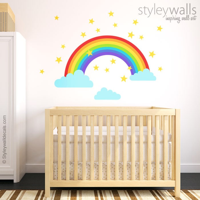 Rainbow Wall Decal, Rainbow Wall Sticker, Clouds Wall Decal, Stars Wall Decal, Rainbow Nursery Wall Decor, Kids Baby Room Wall Art Decor