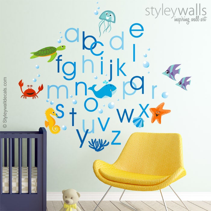 Alphabet Wall Decal, Alphabet Wall Sticker, Under the Sea Wall Decal, Sea Life Wall Decal, ABC Aquarium Fishes Lettering Playroom Decor