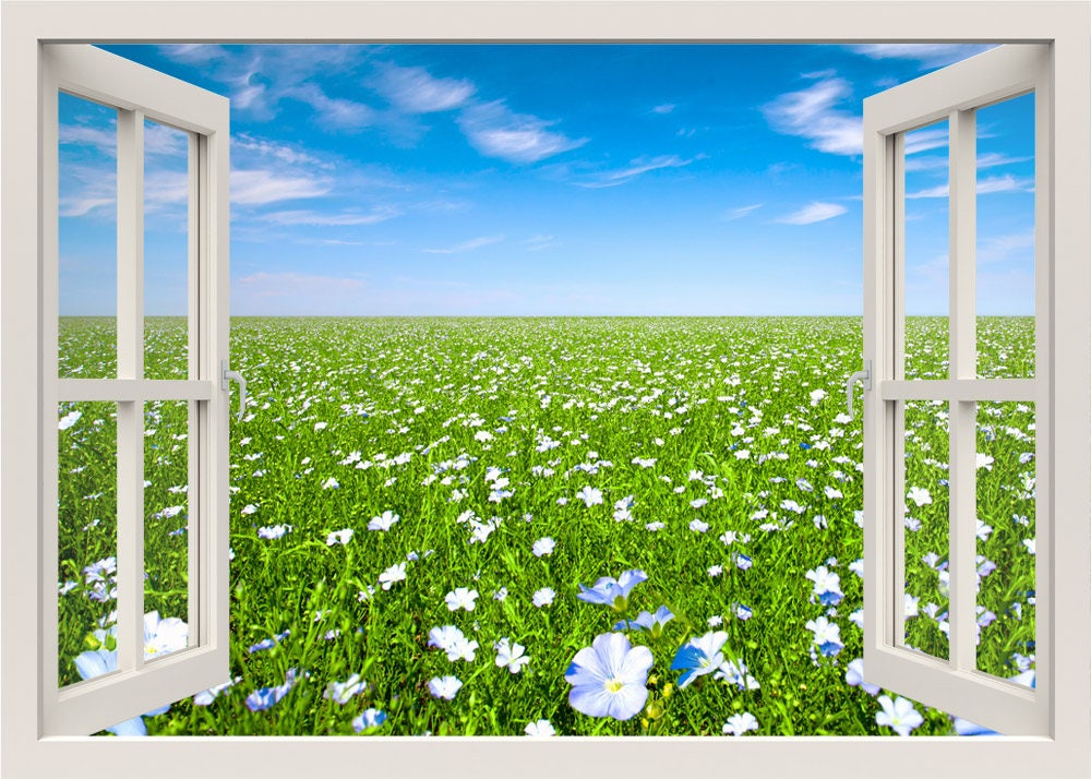 Flowers Field Wall Decal, 3d Window Wall Decal, Window Frame, Window View Wall Mural, Nature Wall Decal, Bedroom Living Room Home Wall Decor