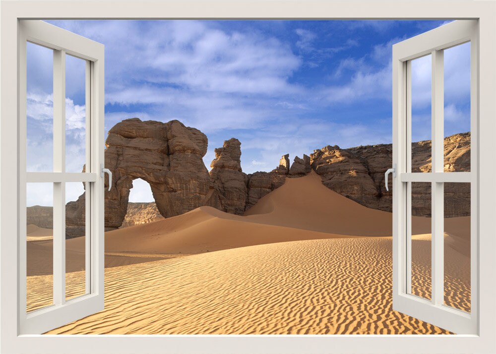 Desert Wall Decal, 3d Window Wall Decal, Desert Sand Window Frame Wall Decal, Rocks Window View Wall Mural, Living Room Home Wall Decor