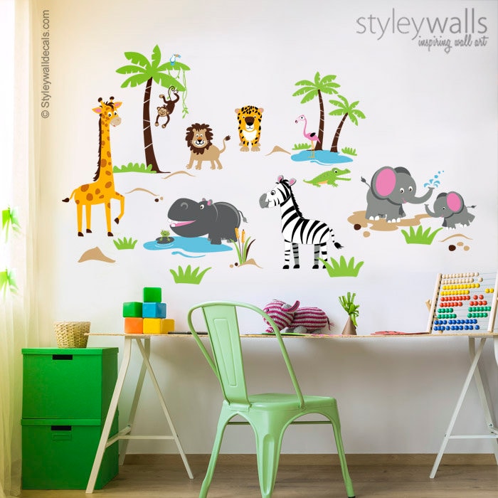 Autocollant mural animaux de safari, autocollant mural safari, autocollant mural animaux de la jungle, autocollant mural jungle, girafe singe lion éléphants