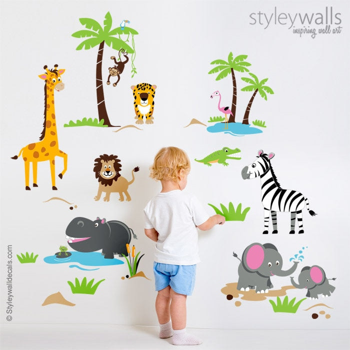 Autocollant mural animaux de safari, autocollant mural safari, autocollant mural animaux de la jungle, autocollant mural jungle, girafe singe lion éléphants