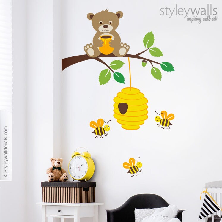 Bear Wall Decal, Bear Wall Sticker, Bees Wall Decal, Bear and Branch Wall Decal, Bees and Hive Wall Decal, Kids Baby Room Nursery Decor