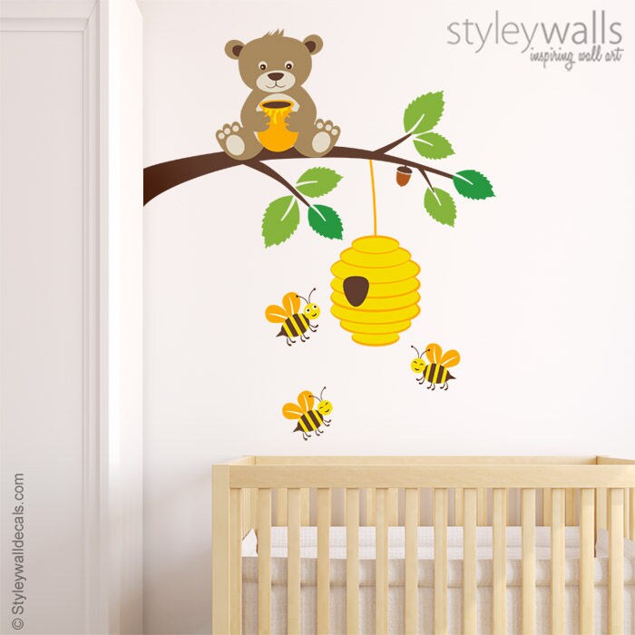 Bear Wall Decal, Bear Wall Sticker, Bees Wall Decal, Bear and Branch Wall Decal, Bees and Hive Wall Decal, Kids Baby Room Nursery Decor