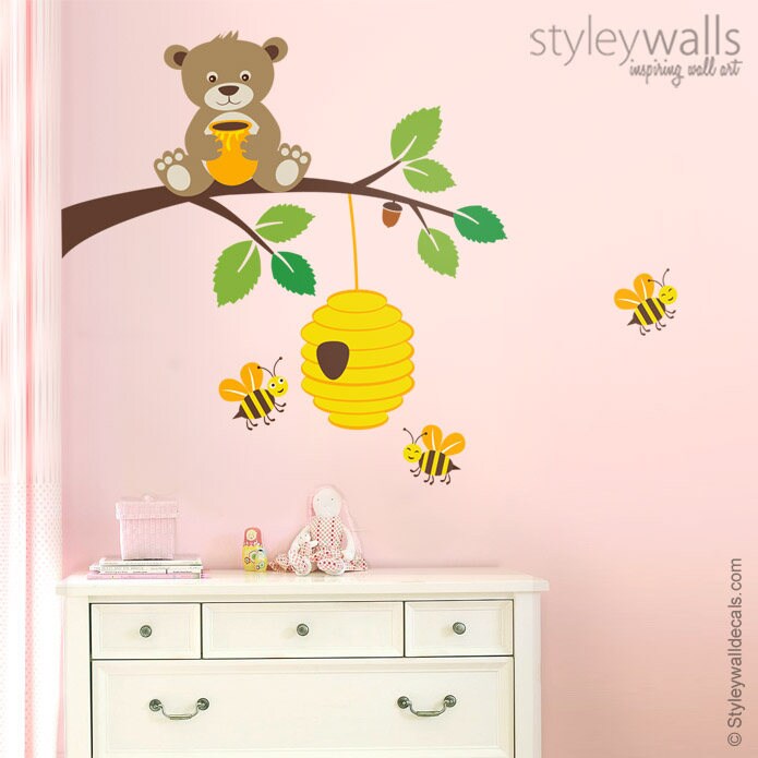 Bear Wall Decal, Bear Wall Sticker, Bees Wall Decal, Bear and Branch Wall Decal, Bees and Hive Wall Decal, Kids Baby Room Nursery Decor