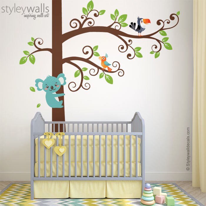 Koala Wall Decal, Tree Wall Decal, Tree and Koala Wall Decal Sticker, Koala Bear Parrots Wall Sticker, Koala Kids Baby Nursery Decor Decal