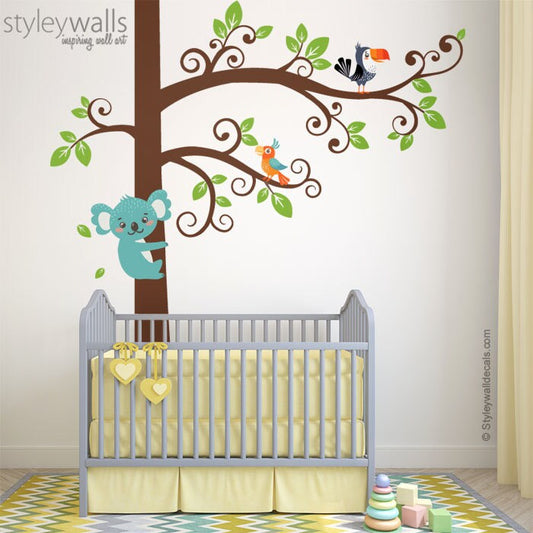 Koala Wall Decal, Tree Wall Decal, Tree and Koala Wall Decal Sticker, Koala Bear Parrots Wall Sticker, Koala Kids Baby Nursery Decor Decal