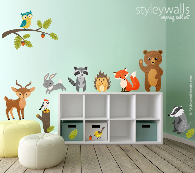 Woodland Animals Wall Decal, Forest Animals Wall Decal Sticker, Woodland Critters Wall Decor, Deer Owl Bear Raccoon Rabbit Hedgehog Fox
