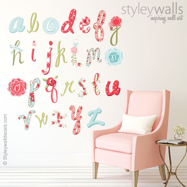 Alphabet Wall Decal, Alphabet Wall Sticker, Letters Wall Decal, Floral Alphabet Wall Decal, Flowers Lettering, Scrapbook Wall Decor Decal