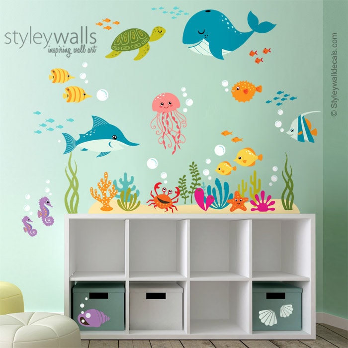 Under the Sea Wall Decal, Fishes Wall Decal, Ocean Wall Sticker, Underwater Sea Life Creatures Wall Decal, Aquarium Nursery Wall Decal