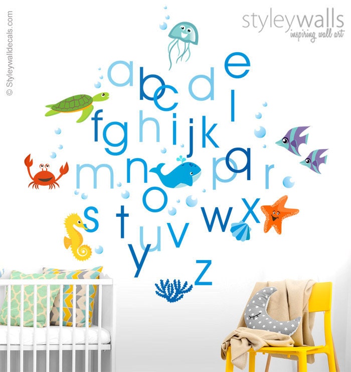 Alphabet Wall Decal, Alphabet Wall Sticker, Under the Sea Wall Decal, Sea Life Wall Decal, ABC Aquarium Fishes Lettering Playroom Decor
