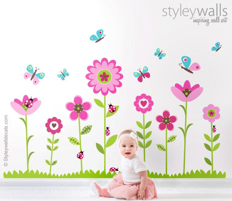 Flowers Wall Decal, Flowers Wall Sticker, Butterflies Wall Decal, Ladybugs Wall Decal, Garden Flowers Bugs Wall Decal, Nursery Wall Decor