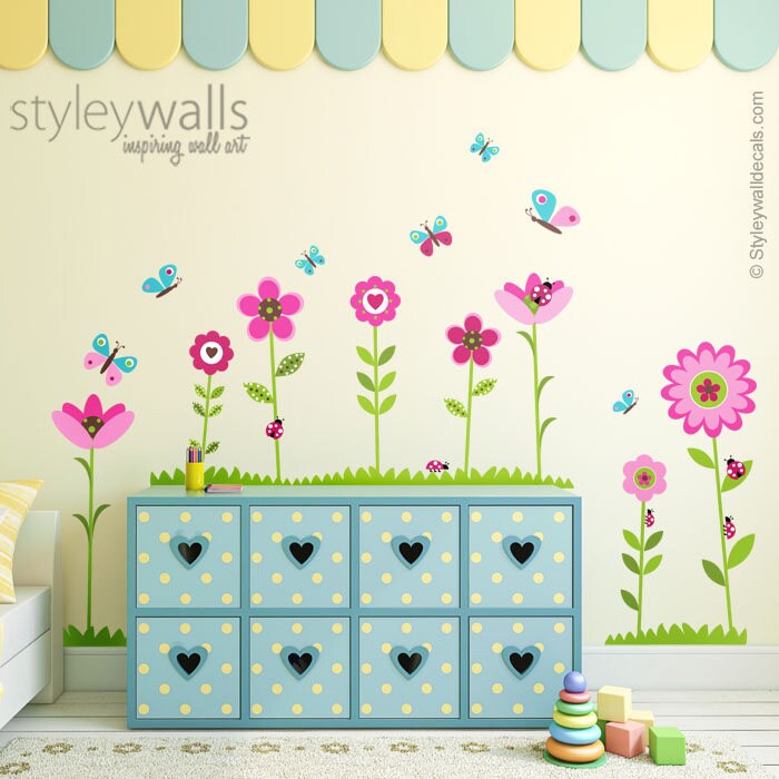 Flowers Wall Decal, Flowers Wall Sticker, Butterflies Wall Decal, Ladybugs Wall Decal, Garden Flowers Bugs Wall Decal, Nursery Wall Decor