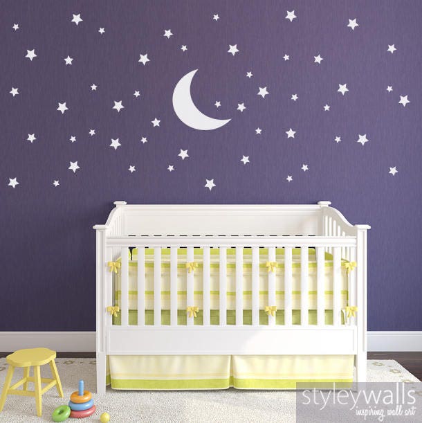 Stars and Moon Wall Decal, Stars Wall Decal, Moon Wall Decal, 70 Stars and Moon Wall Sticker for Nursery Baby Room, Kids Night Wall Decal