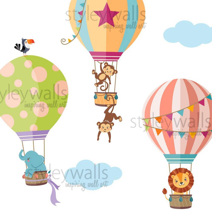 Hot Air Balloons Wall Decal, Hot Air Balloons Wall Sticker, Jungle Safari Animals Wall Decal Sticker, Kids Room Decal, Baby Nursery Decor