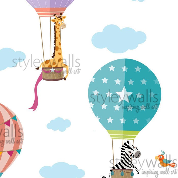 Hot Air Balloons Wall Decal, Hot Air Balloons Wall Sticker, Jungle Safari Animals Wall Decal Sticker, Kids Room Decal, Baby Nursery Decor