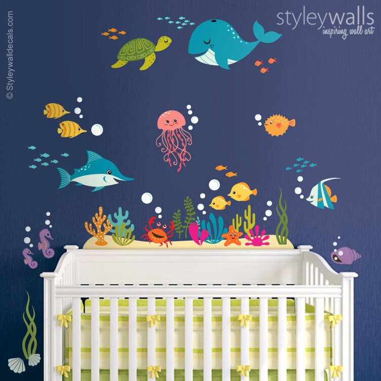 Underwater Wall Decal, Fishes Wall Decal Sticker, Ocean Wall Sticker, Sea Life Creatures Wall Decal, Aquarium Wall Decal for Nursery Decor